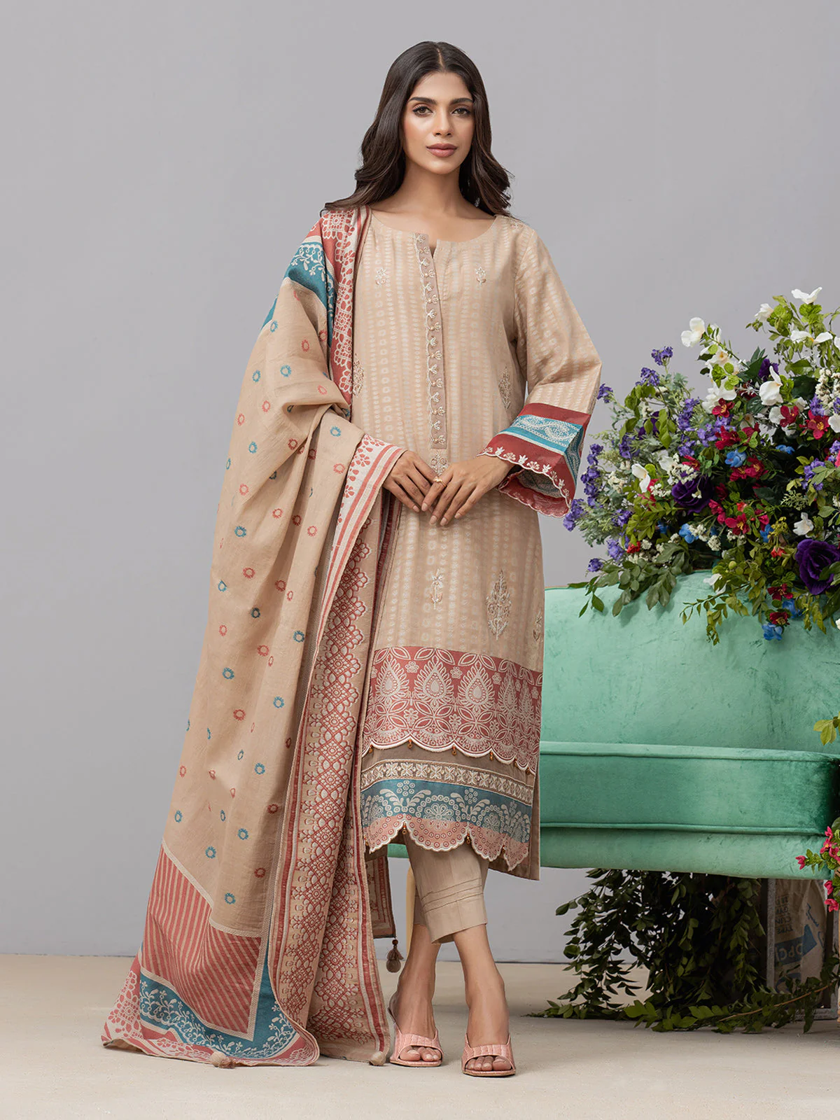 Unstitched Embroidered Jacquard Shirt Dupatta - EWU24V3-26734SD