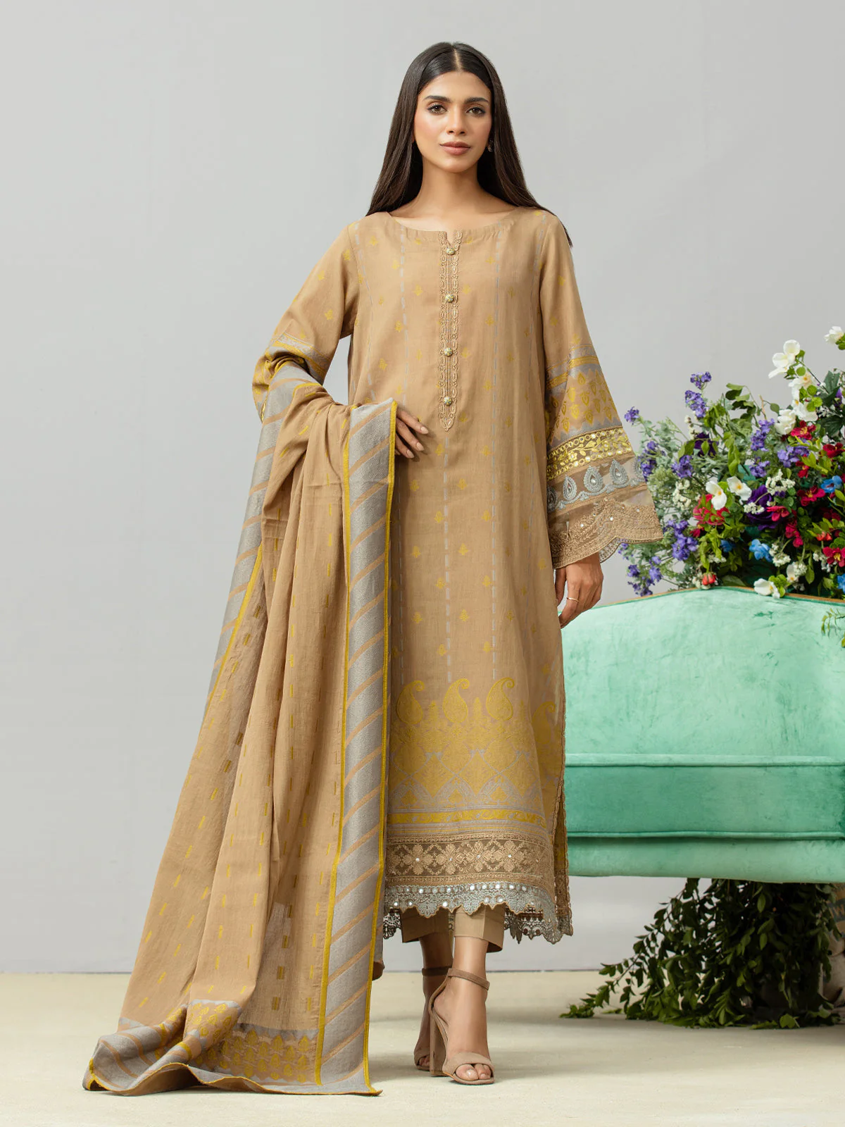 Unstitched Embroidered Jacquard Shirt Dupatta - EWU24V3-26753SD